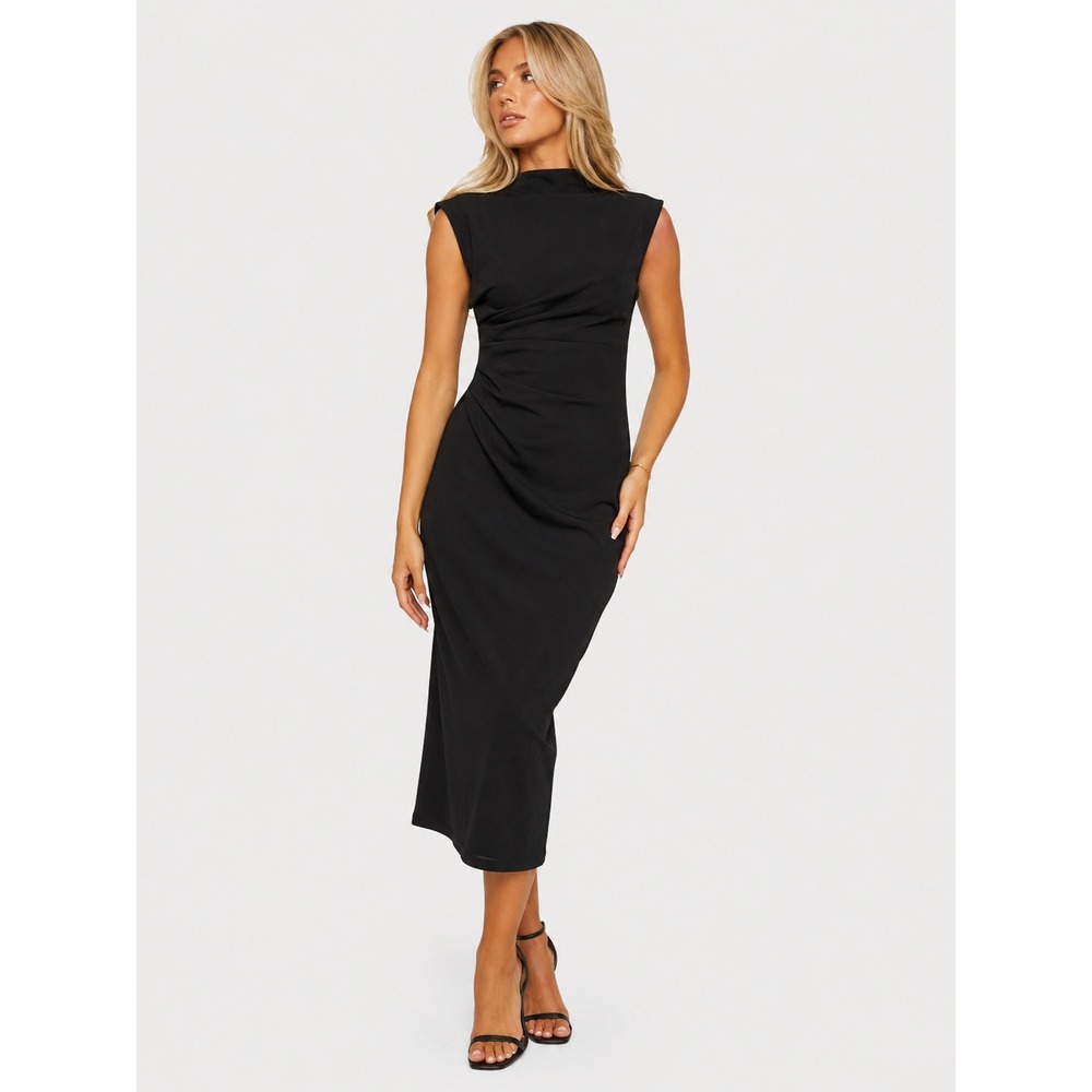 Fashion Nova Carrie Ruched Body Sculpting Maxi Dress Black High Neck L NWT